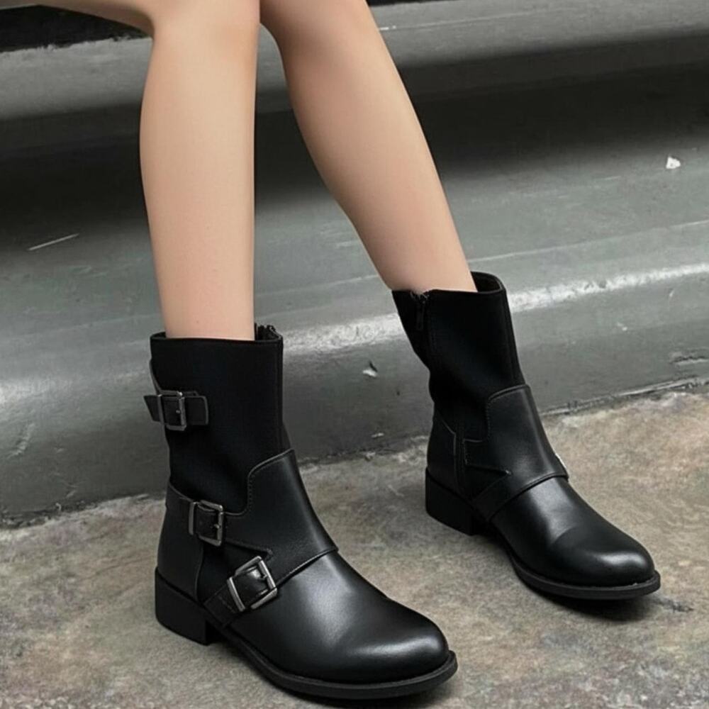 New Black Leather Moto Boots Buckle Ankle Office Siren Indie Sleaze Opium